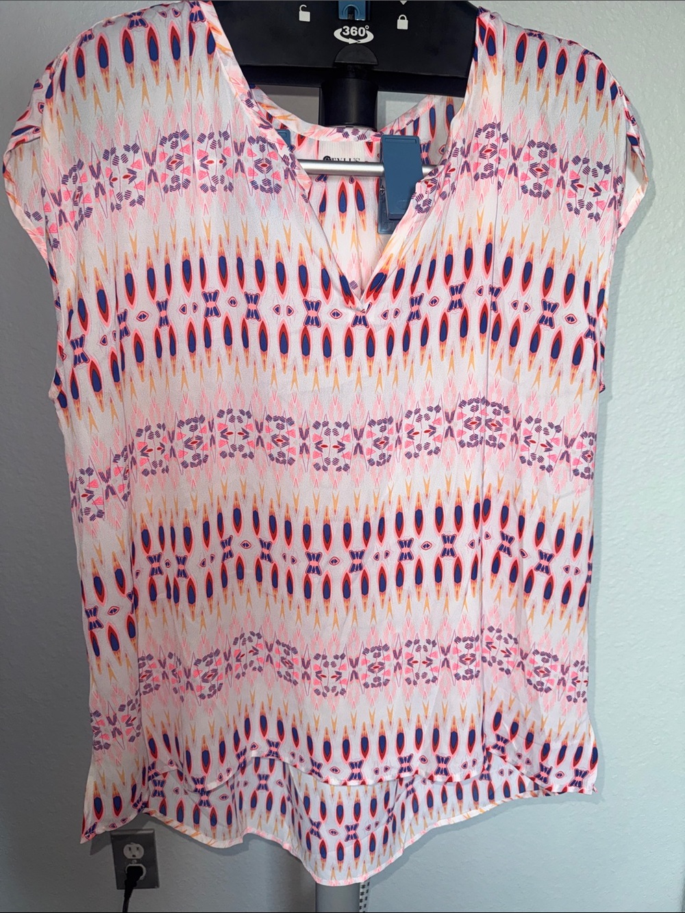 Nine West Pink, Navy & Orange Geometric Cap-Sleeve Top